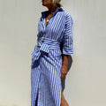 RNSHANGER Fashion Trend Stripe Shirts Dresses Women Lapel Half Sleeves Single Breasted Belt Loose Slit Dress Spring Lady Dress
