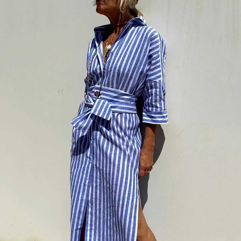 RNSHANGER Fashion Trend Stripe Shirts Dresses Women Lapel Half Sleeves Single Breasted Belt Loose Slit Dress Spring Lady Dress