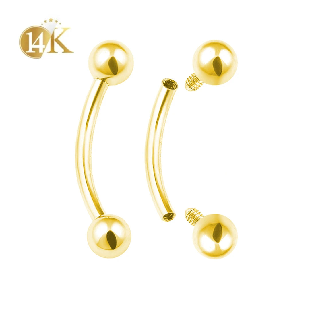 Calendo 14K Solid Yellow Gold Curved Eyebrow Lip Rook Barbell Ring Internally Threaded 14G Wedding Piercing Jewelry Trendy Gift