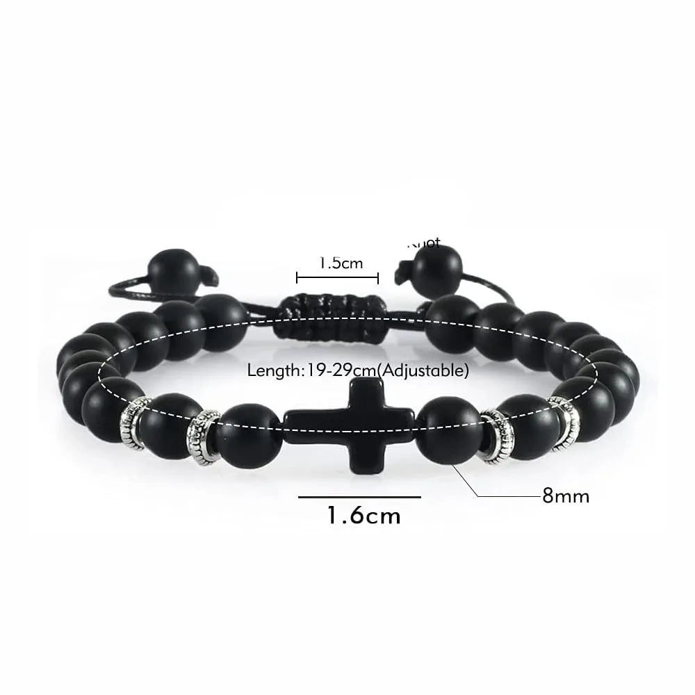 Wholesale New 8MM Adjustable Tiger Eyes Stone Beaded Bracelet Gold Silver Color Jesus Cross Lava Rock Fashion Jewelry Women