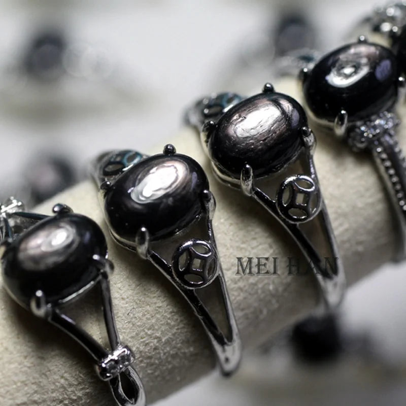 Meihan Wholesale A+ Natural Hypersthene Gem Stone Oval Beads Adjustable Ring Women for Jewelry Making Gift