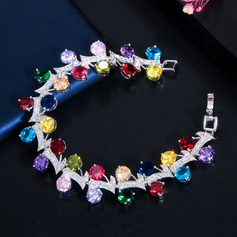 Leaf Design Shiny Colorful Cubic Zirconia Stone Wedding Bridal Bracelet Bangle for Women Girls Fashion Birthday Jewelry Gift