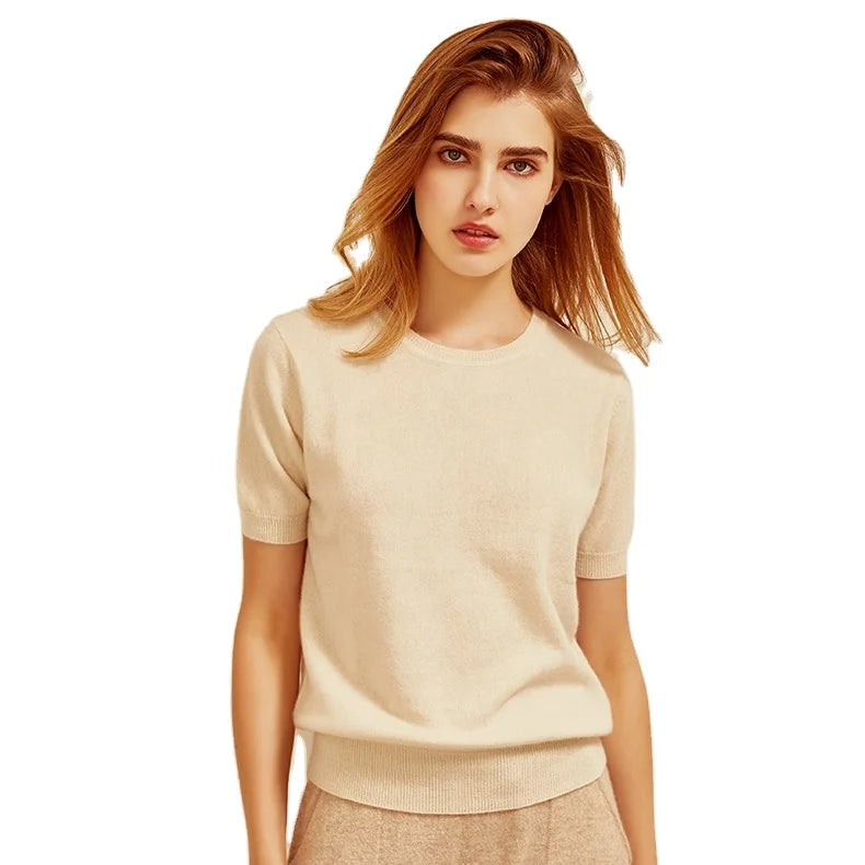 Plus Size 100% Cashmere Women's Sweater Plain Knitted Top Crew Neck Girls White Short Sleeve Cashmere Pullover