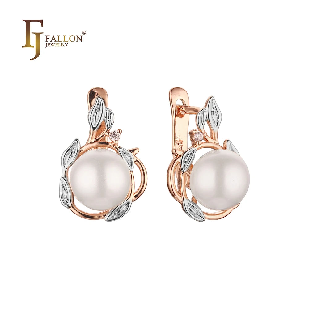 FJ Fallon Fashion Jewelry Pearl Earrings Plated in 585 Rose Gold Two Tone Brass Based