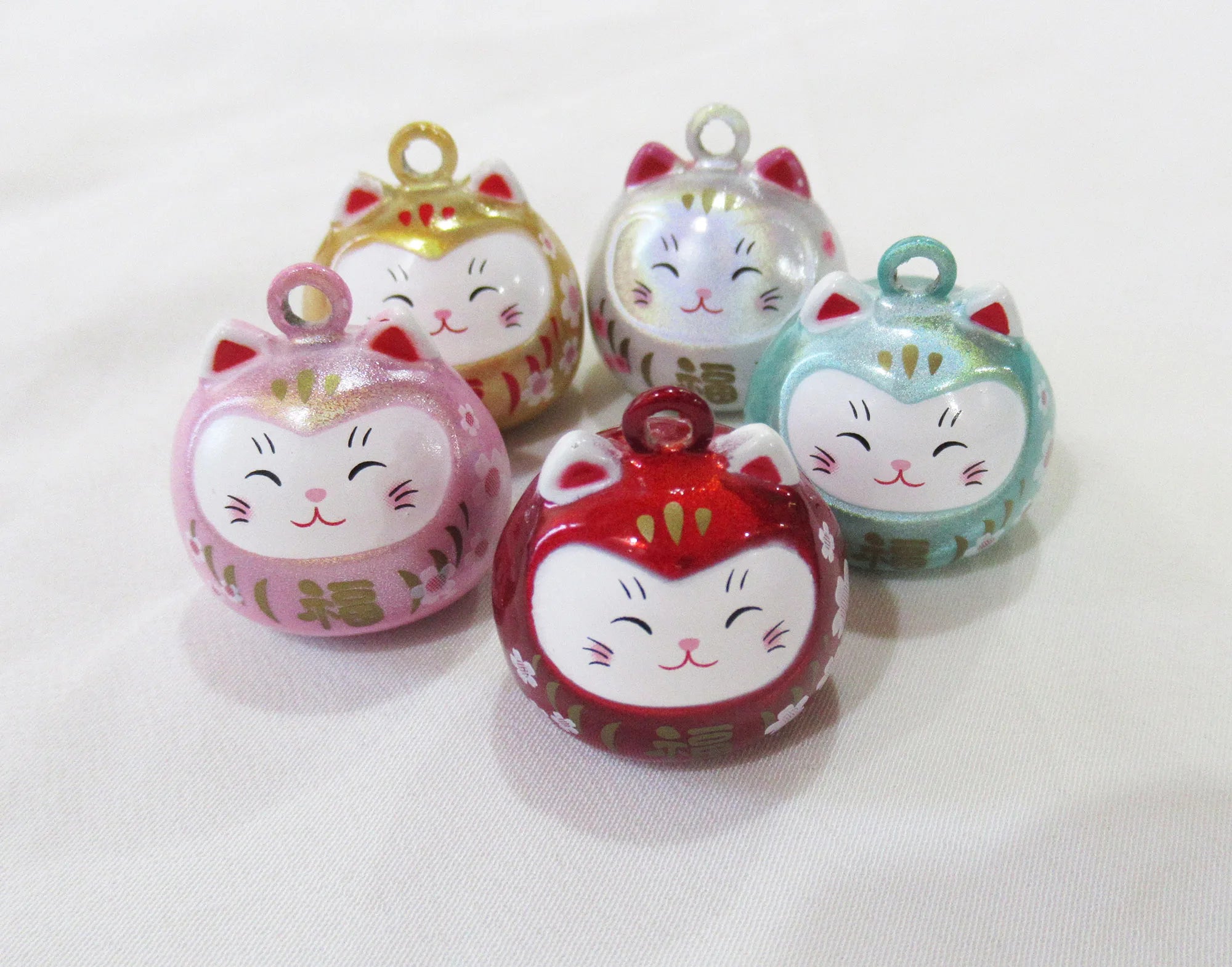 Fluorescent Lucky Cat Jingle Bells 20x23mm Japanese Maneki Neko Bronze End Charm