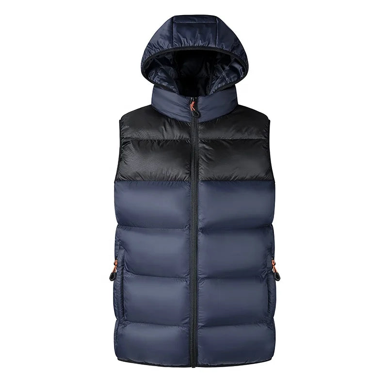 Men's Sleeveless Padding Vest Custom Logo Contrast Color Zipper Closure Thicken Quilted Waistcoat With Detachable Hood Gilet