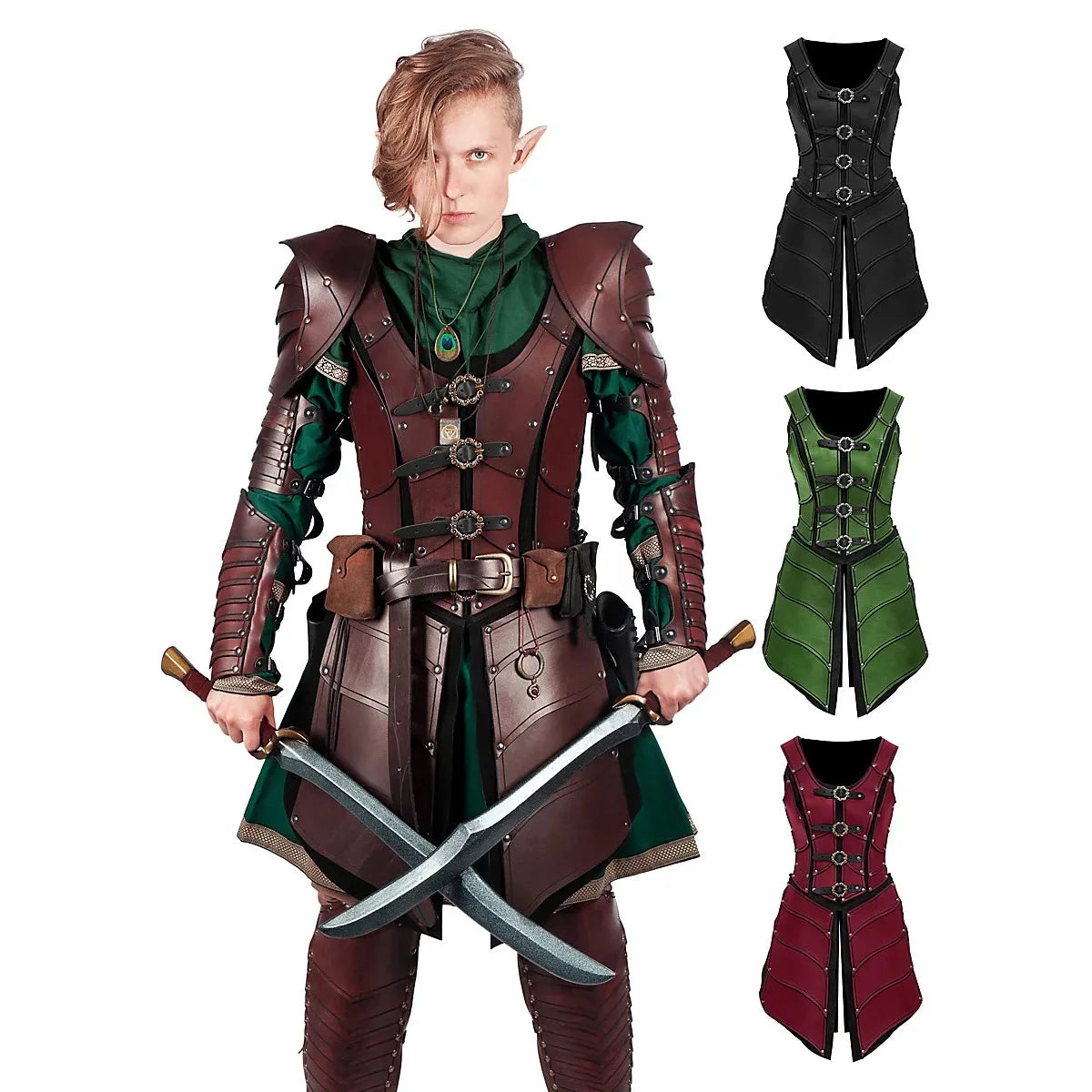 2023 New Retro Medieval Renaissance COSPLAY Leather-armored Elf Warrior Long Vest