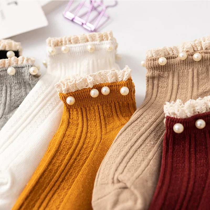 3 Pairs Set Pearl Women Socks Cotton Cute Fashion Casual Lolita Lot Japanese Lace Solid Girl Color Women Ankle Slippers Princess