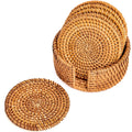 Rattan Coasters Round Straw Woven Trivet for Teacup Wicker Heat Resistant Plate Pad Non-Slip 6 Piece Coaster Set with Holder