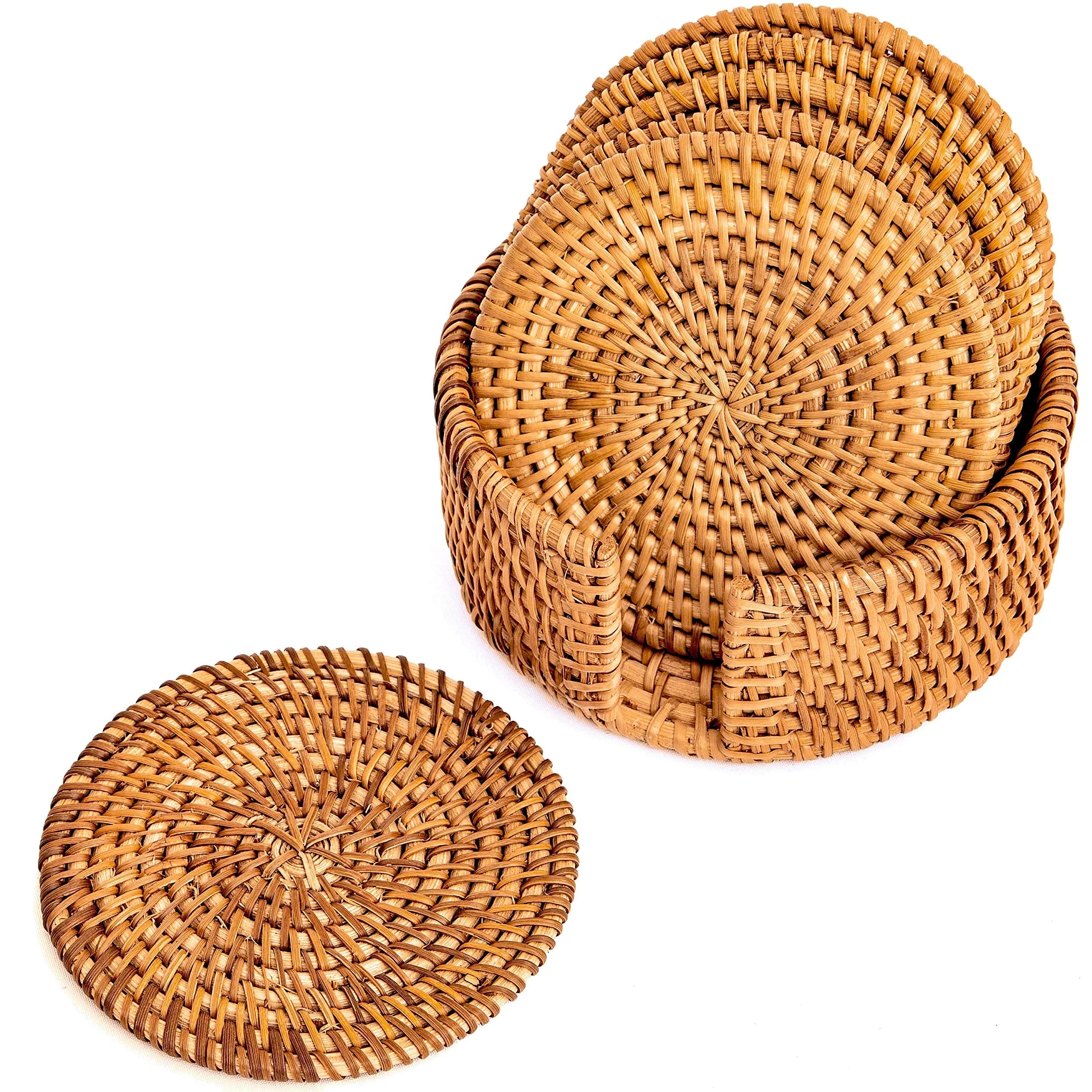 Rattan Coasters Round Straw Woven Trivet for Teacup Wicker Heat Resistant Plate Pad Non-Slip 6 Piece Coaster Set with Holder