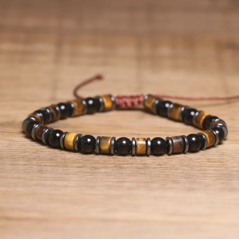 Bohemian Natural Black Onyx Stone Bracelet for Men Women Tiger Eye Hematite Beaded Adjustable Braided Beaded Bracelet Unisex