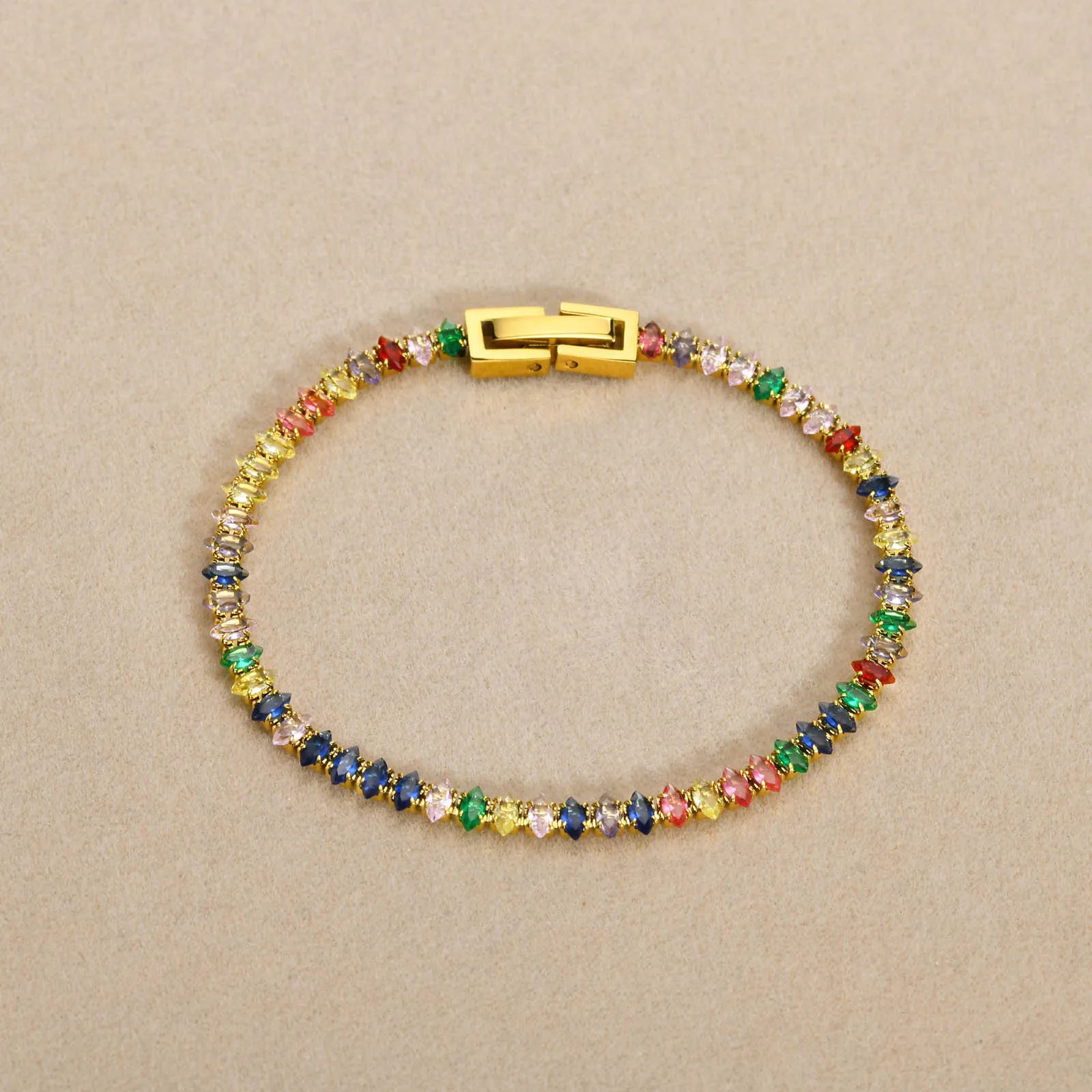 Waterproof Tarnish Free Jewelry Colorful Cubic Zirconia Bracelet Luxury Tennis Chain Gold Plated Stainless Steel Bracelet