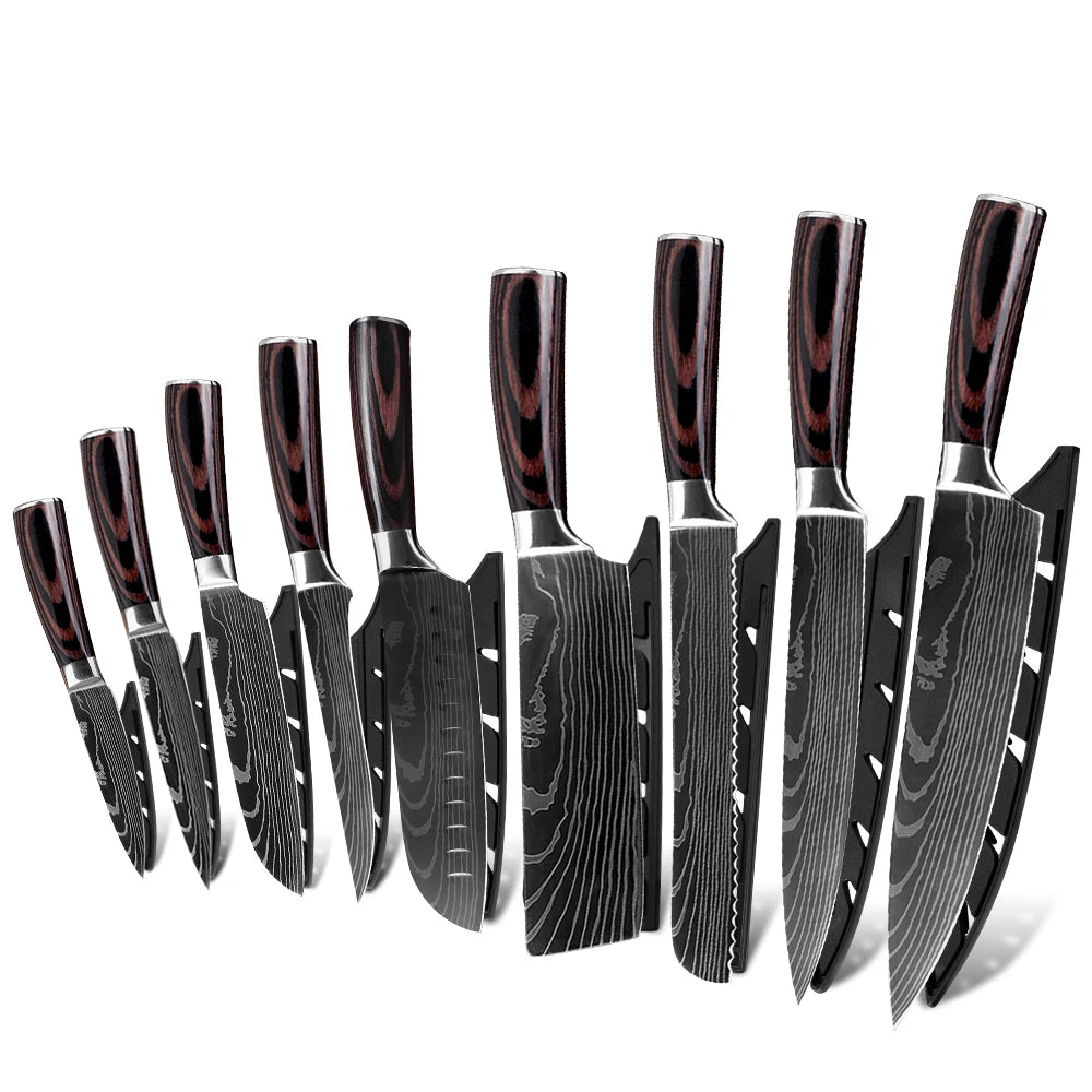 Super sharp Xyj Knife Chef Wood Handle Laser Damascus Pattern German 7Cr17 9 Piece Cooking Knife Set High Carbon Steel Knife
