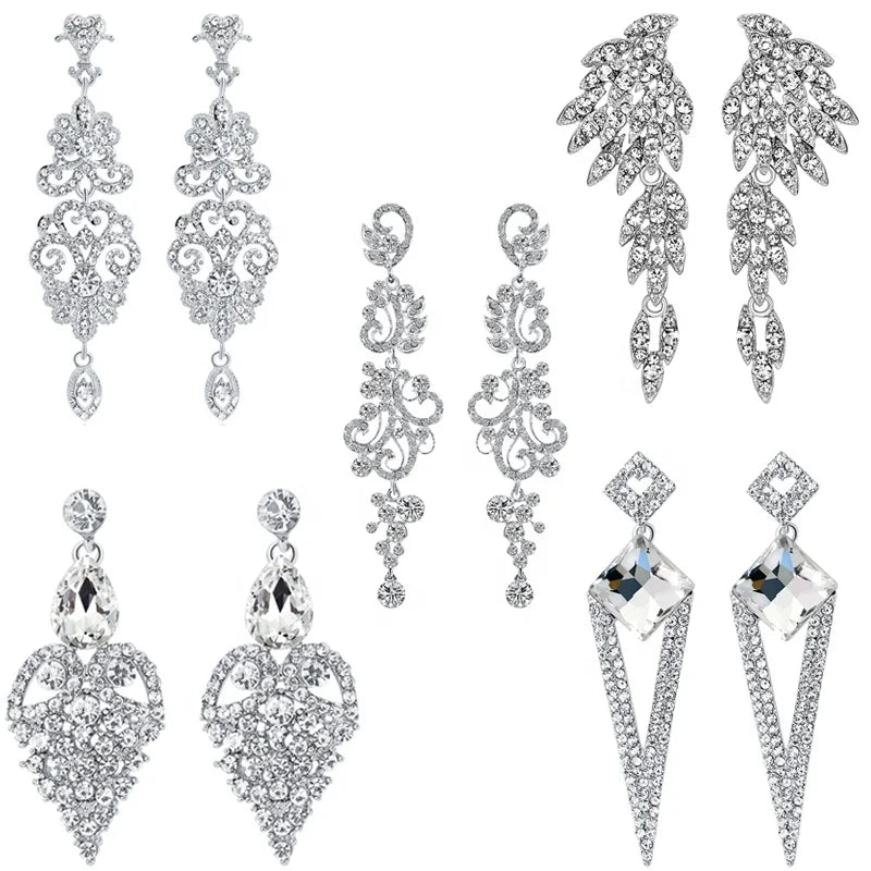Luxury Long Crystal Tassel Dangle Charm Earrings Zinc Alloy Silver Plating Flower Design for Women's Party Wedding Occasions
