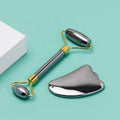 Natural Terahertz Energy Facial Skin Care Set with Brass Handle Gua Sha Tools for Fine Lines & Wrinkles Relief Jade Roller