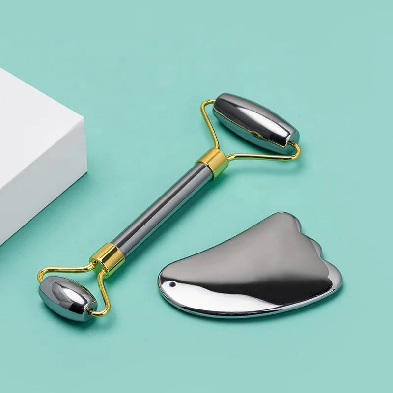 Natural Terahertz Energy Facial Skin Care Set with Brass Handle Gua Sha Tools for Fine Lines & Wrinkles Relief Jade Roller