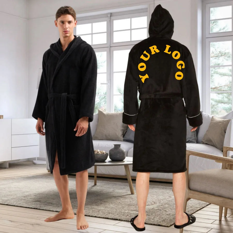 Luxury Thicken Plush Hotel Bath Robes Velour Thicken Mens Sleepwear Hooded Black Bathrobe