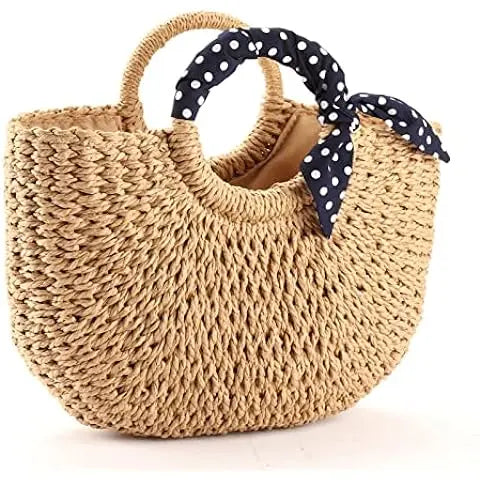 Women Large Capacity Paper Straw Woven Tote Summer Handmade Purse Clutch with Two Handles Open Closure Handbag for Beach