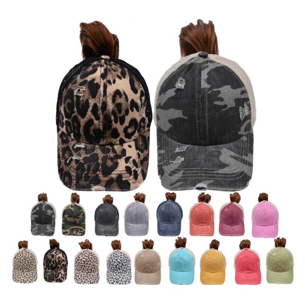 Various Vintage Street Animal Leopard Printed Women's Washed 6-Panel Mesh Crisscross Ponytail Hat Fashion Baseball Cap 100%