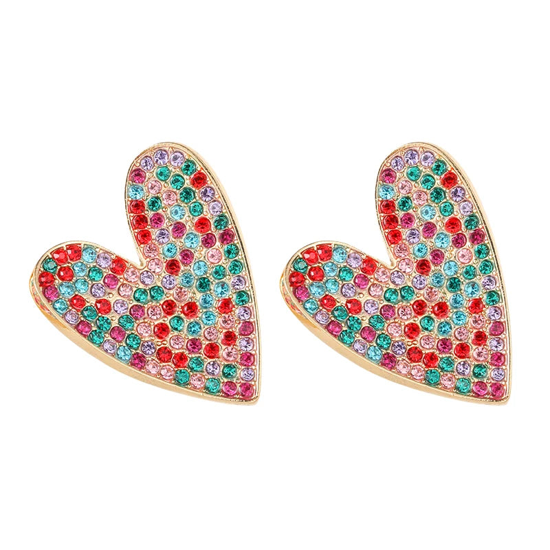 Korean 18K Gold Plated Colorful Glass Heart Shaped Earrings Irregular Crystal Rhinestone Love Heart Stud Earrings