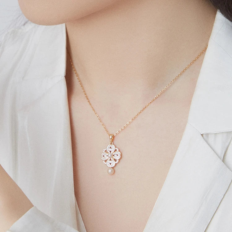 Custom Design Vintage Pearl Jewelry Flower Pendant Sterling Silver Necklace