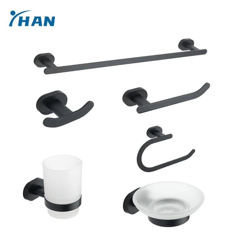 2022 Hot Design Wall Mount Black Square Bathroom Sanitary Ware Accessories Six-Piece Set SUS304 Eco-Friendly Cheap Custom