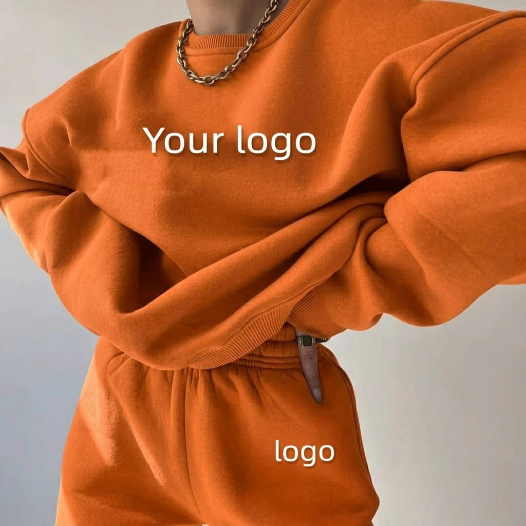 High Quality Custom logo Cotton Oversized Crewneck Sweatshirt Set Women Pullover Tops Essential Vintage Hoodie for Women