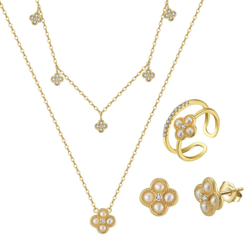 BGP 925 Sterling Silver Jewelry Set 14K Gold Four-leaf Clover Pearl Earrings Necklace Set