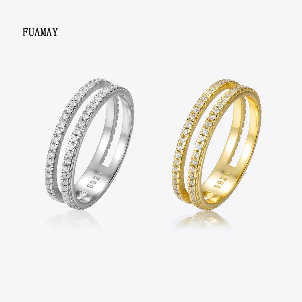 FUAMAY Double Line Engagement Ring Full  Classic Style Wedding and Party Anillo Para Mujer