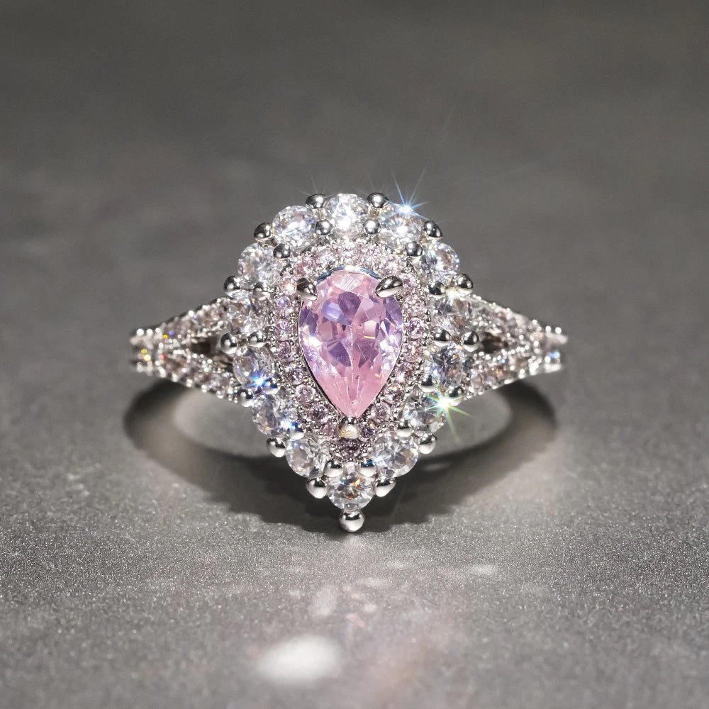 CAOSHI Wholesale OEM Women's Wedding Ring for Exquisite Waterdrop Design Pink Crystal Dazzling CZ Silver Plated Rings for Women
