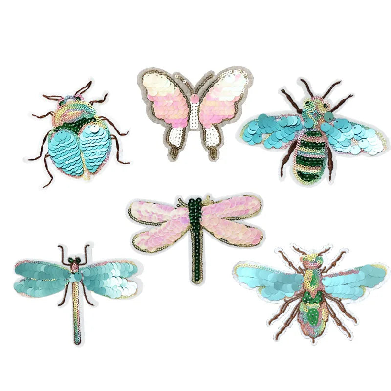 Wholesale Embroidered Iron on Patches Sewing DIY Clothes Applique Garment Motif Butterfly Animal Sequin Bee Patch for Woman Girl