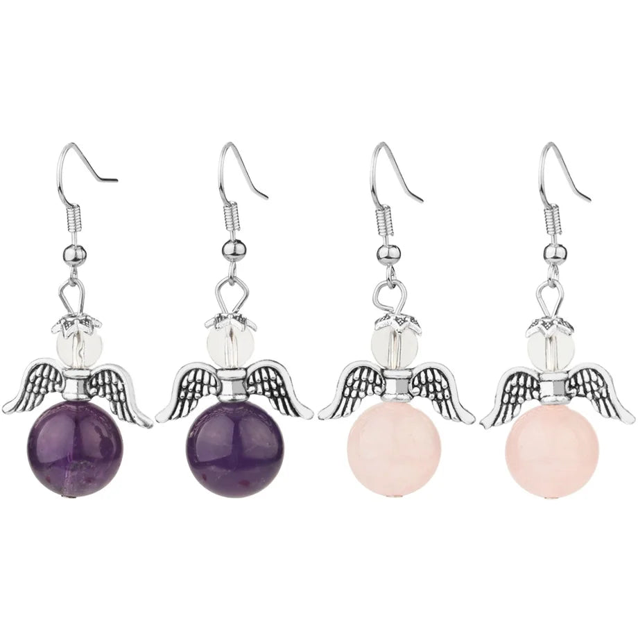 CSJA 2021 New Design Round Natural Stone Angel Wing Dangle Earrings