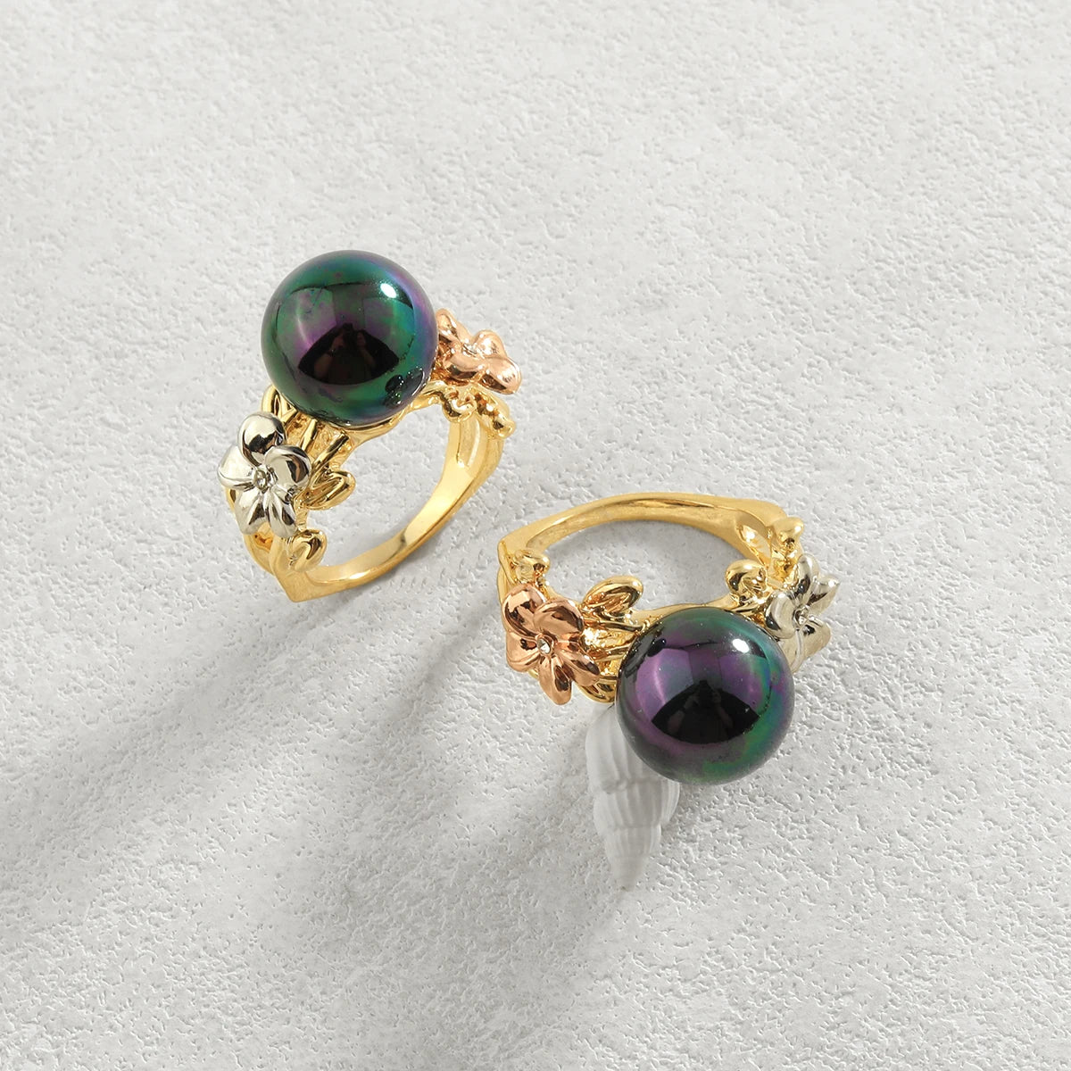 Fashion Hawaiian Brass Ring Fashion Rainbow Shell Pearl Ring Gold Plated Finger Ring for Women
