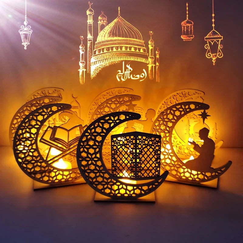 2021New Wooden Ornaments Muslim Festival Table New Eid Mubarak LED Light Ramadan Decorations