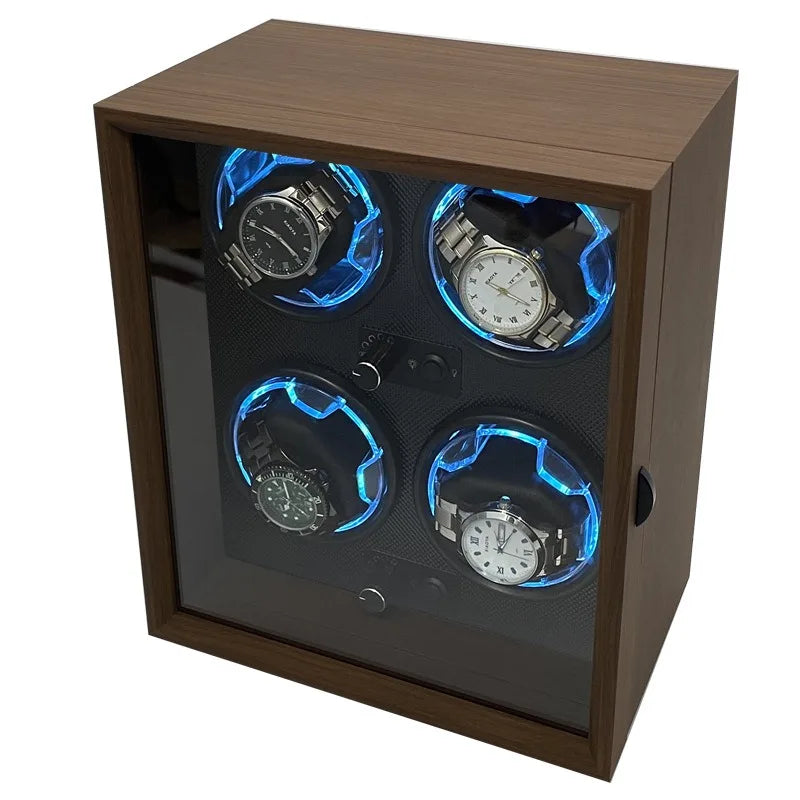 Luxury Walnut Wood Automatic Watch Winder with LED 5  Rotation Modes Independent Dial Control Silent Motor Watch Display Case