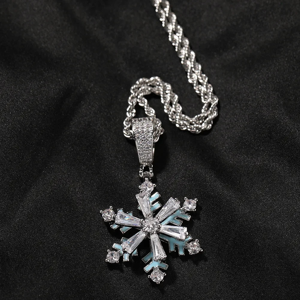 Winter Collection Bling Jewelry Luminous Snowflake Pendant Necklace with Zircon Stone Link Chain for Weddings and Parties