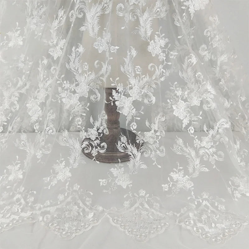 New White Polyester Silk Classic Pattern Style Temperament Lace Dress Embroidered Fabric Home Decoration MF36