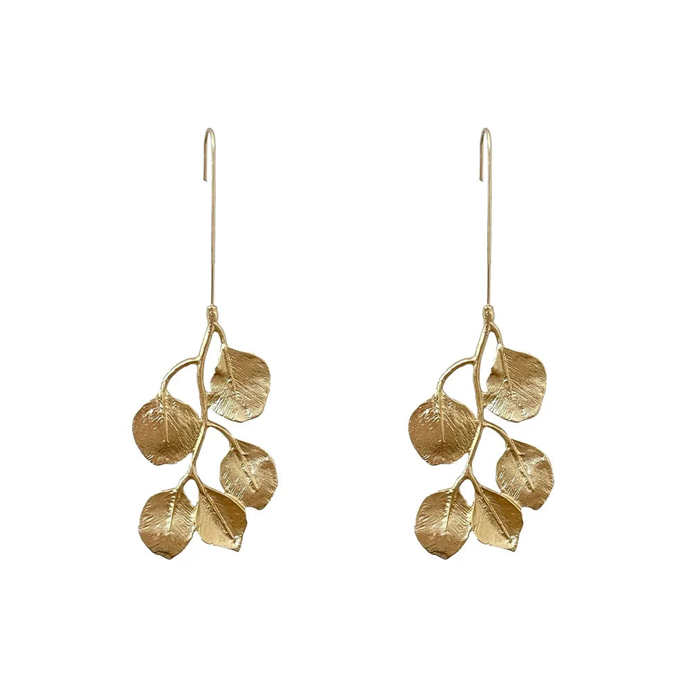 New Arrivals Long Dangle Earrings Wholesale Bulk Exaggerated Gold Plated Leaf Earrings Women Accessory