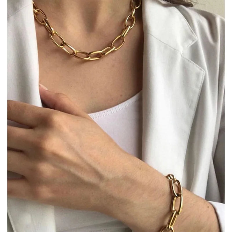 Trendy High Quality 18K Gold Plated Chunky Stainless Steel Link Chain Necklace Fashion Jewelry