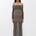 Black Crystal-embellished Beads Fishnet and Tulle Maxi Dress Fabric