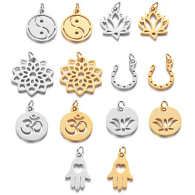 Mens Pendants Stainless Steel Hamsa Charm Hollow Lotus Flower Pendants Palm Yoga OM Flower Metal Pendants