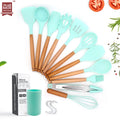 Kitchen Accessories 11-Piece Heat Resistant Non-Stick Silicone Cooking Utensil Set with Wooden Handle Hook & Plastic Holder