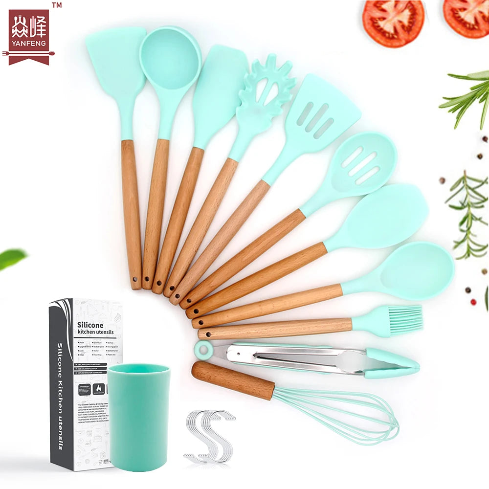 Kitchen Accessories 11-Piece Heat Resistant Non-Stick Silicone Cooking Utensil Set with Wooden Handle Hook & Plastic Holder