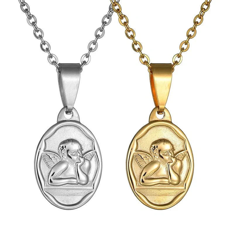 Korean Version Simple and Versatile Cute Cupid Angel Necklace Oval Pendant Anti-Corrosion Stainless Steel Sweater Chain