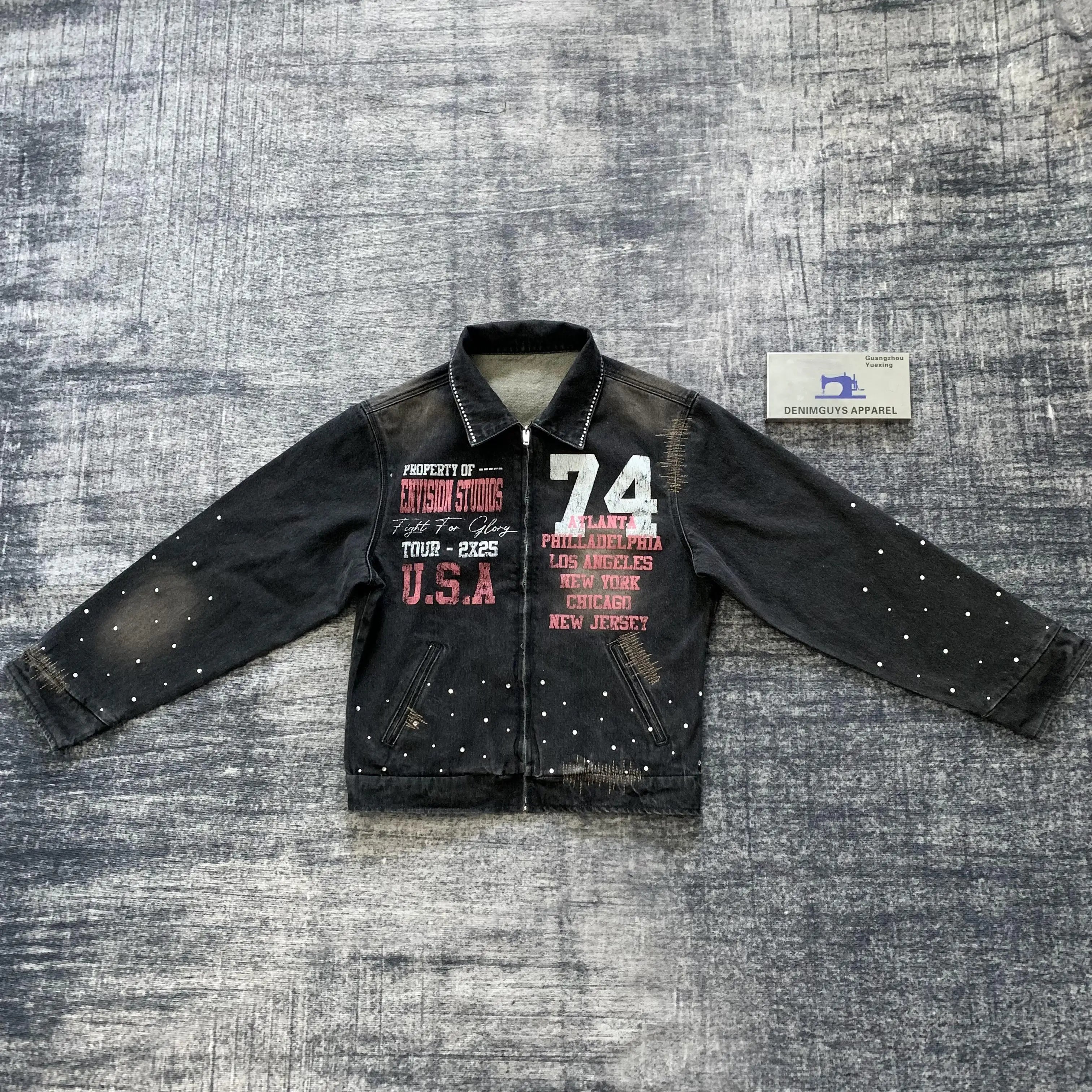 DENIMGUYS Stylish Jean Jacket for Men Custom Print Denim Coats Casual Streetwear Vintage Men's Zip up Denim Jackets Coats