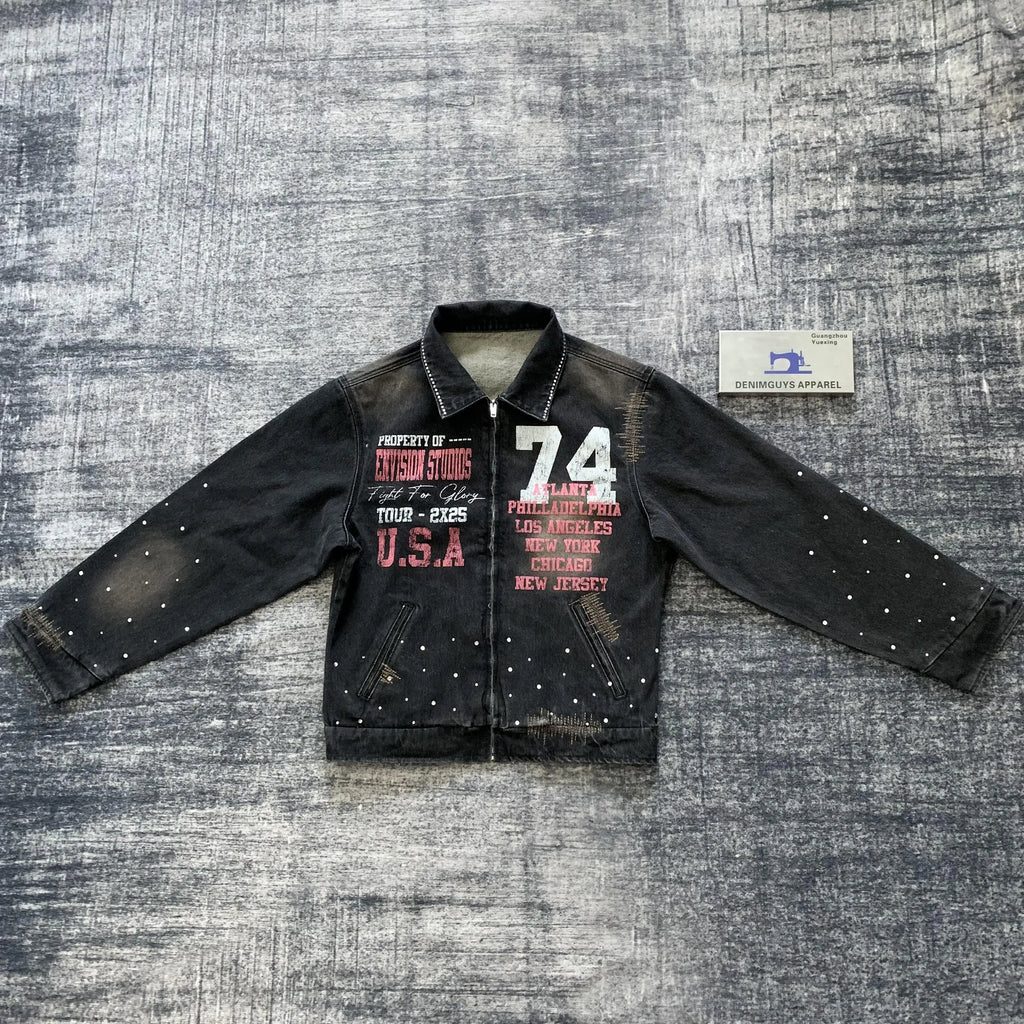 DENIMGUYS Stylish Jean Jacket for Men Custom Print Denim Coats Casual Streetwear Vintage Men's Zip up Denim Jackets Coats