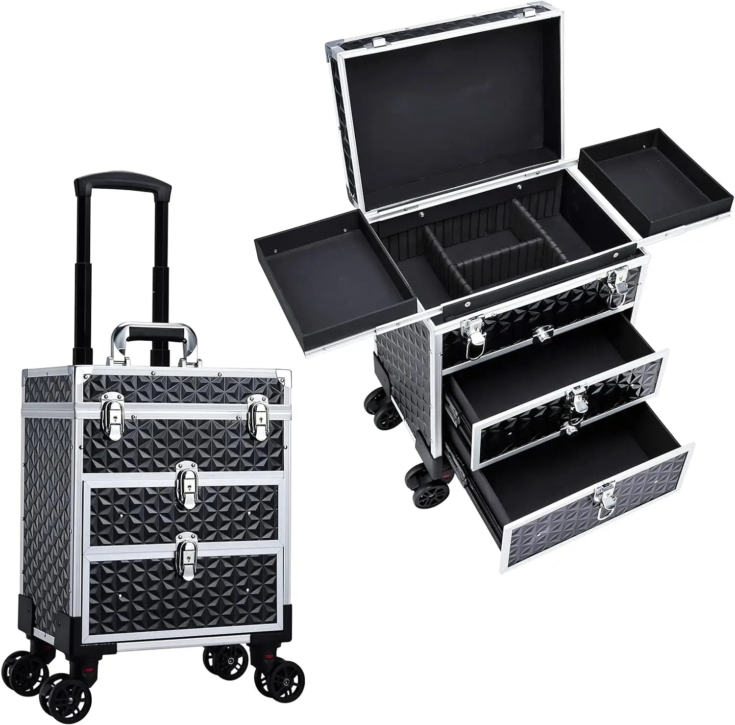 Aluminum Trolley Train Case with 360 Swivel Wheels Professional Rolling Makeup Case