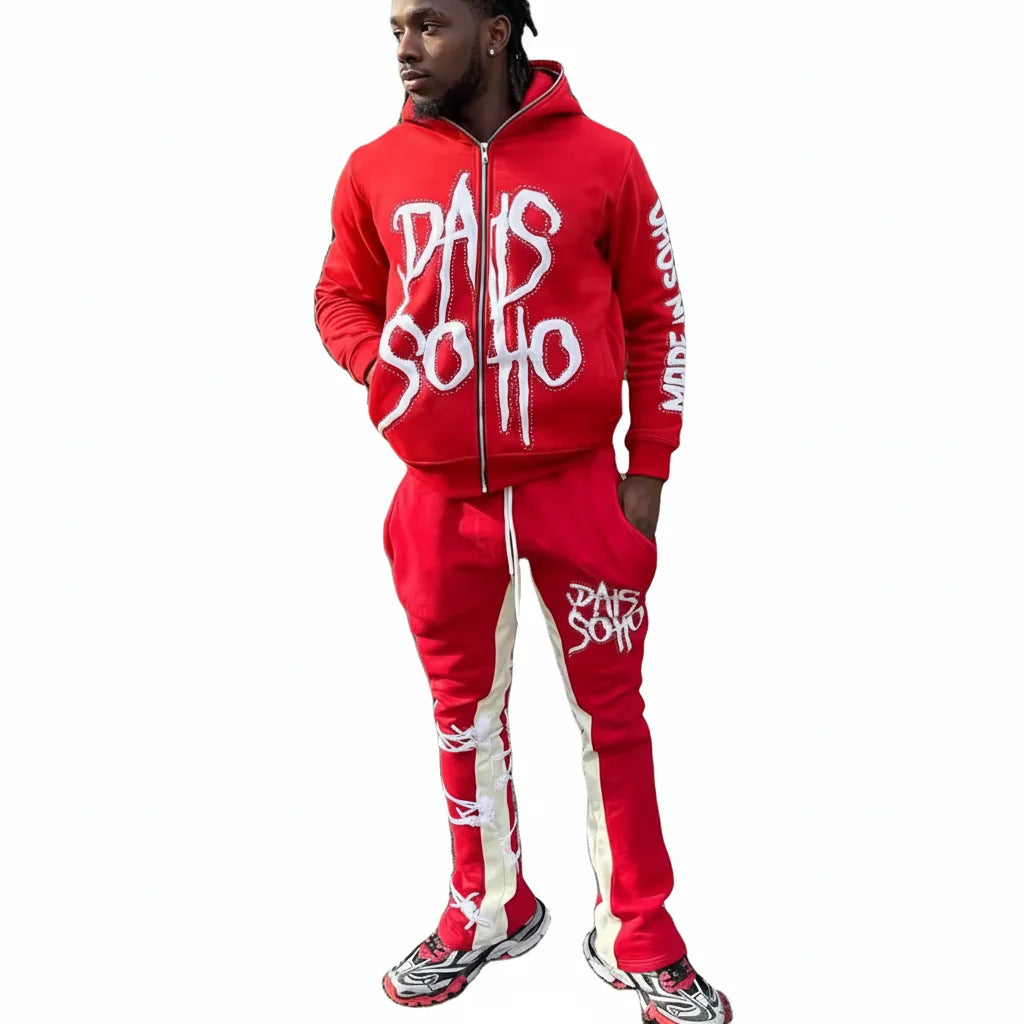 OEM Winter Y2K Streetwear Two-Tone Drawstring 100% Cotton Fleece Animal Print Tracksuit for Men Flared Joggers Hoodie Set