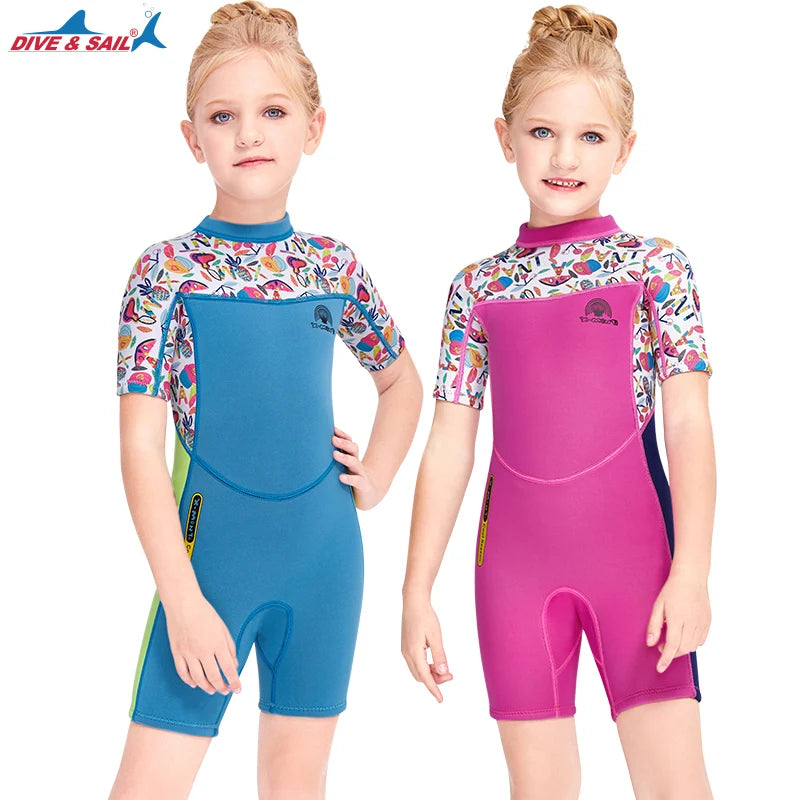 One Piece Back Zip Kids Wetsuits 2.5MM Diving Suit Girls Neoprene Wet Suit Short Sleeve Keep Warm Children Swimming Surf Wetsuit