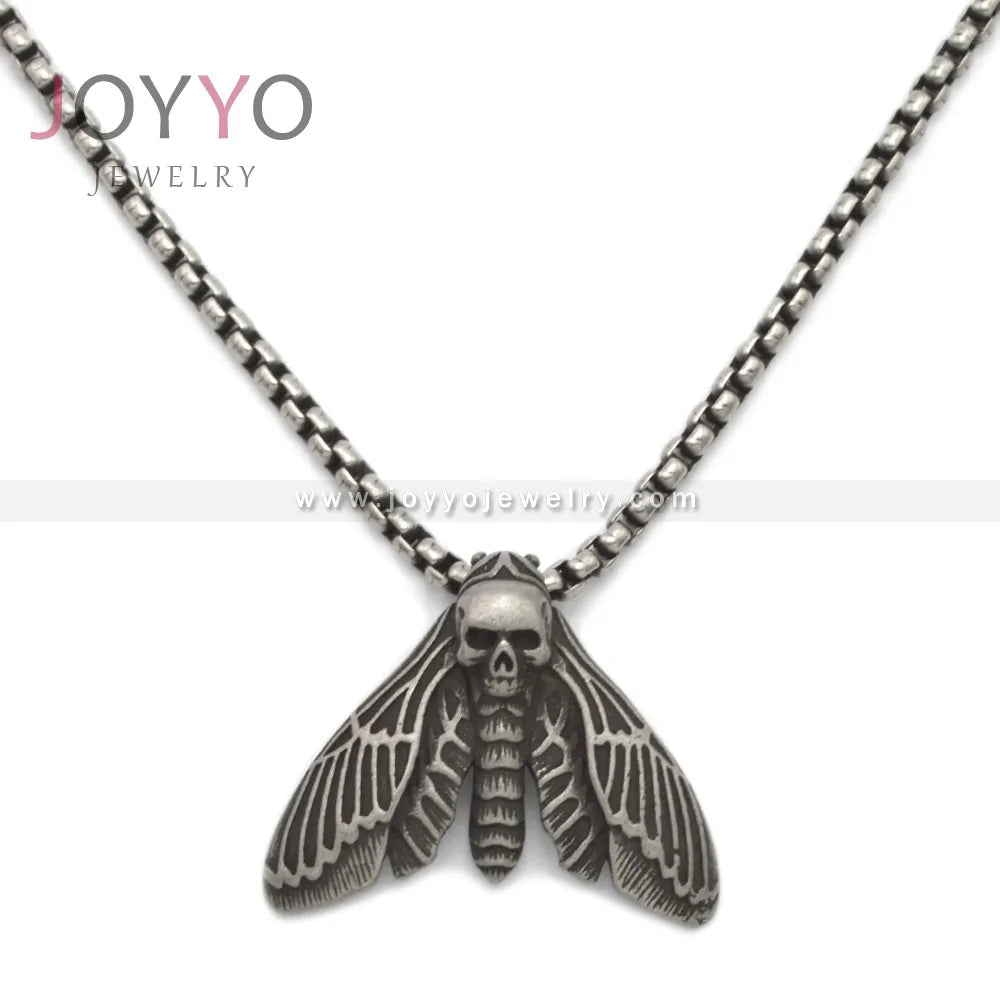 New Antique Stainless Steel Death Head Skull butterfly Moth Pendant Necklace Punk Insect Man Necklace